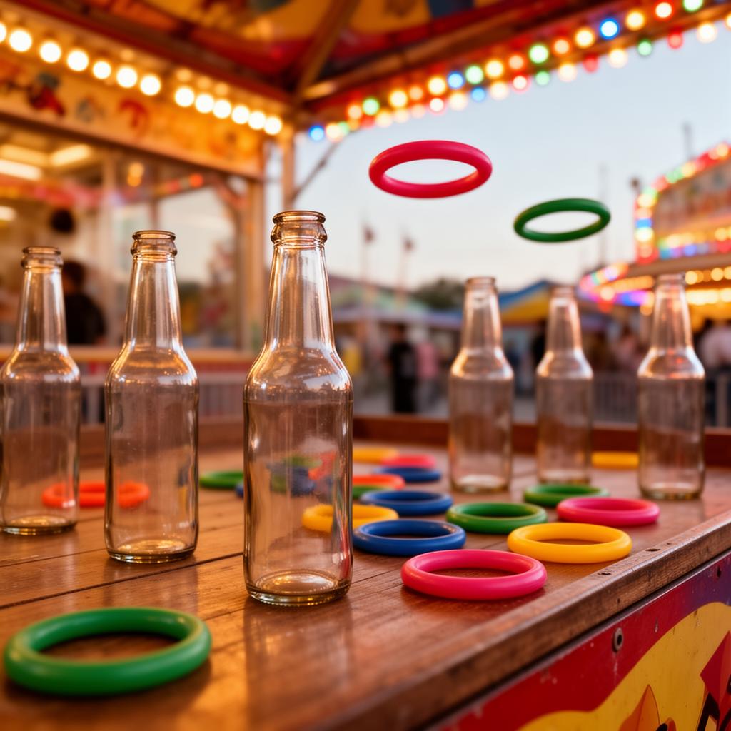 Close-up carnival ring toss game with glass bottles and colorful rings