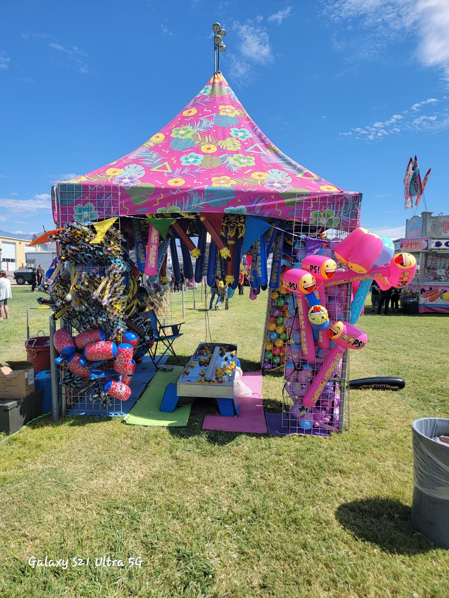 Lucky Duck carnival game booth under a bright pink tropical canopy with floating rubber ducks and rows of plush prizes