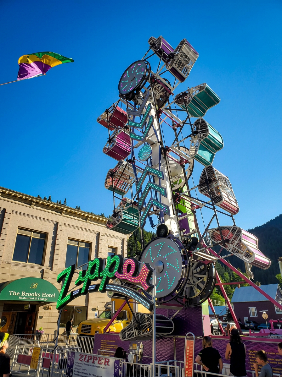 Chance Rides Zipper carnival ride with tumbling cages flipping along its tall rotating boom
